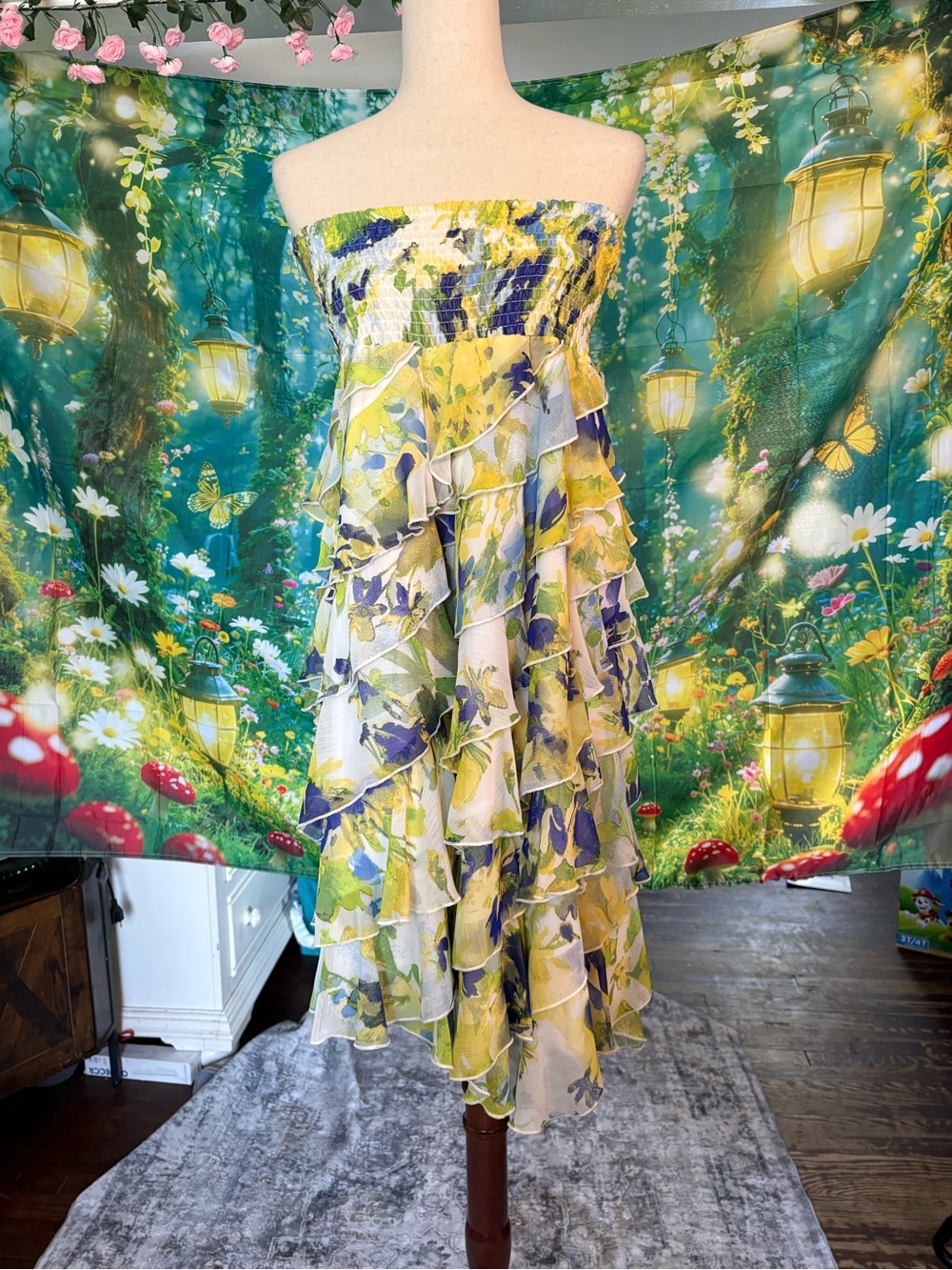 Coco Bianco Yellow, Blue & Green Floral Ruffled Midi Skirt